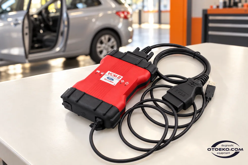 Ford VCM II وكابلاته في مساحة عمل لإعداد البرنامج المتوافق.